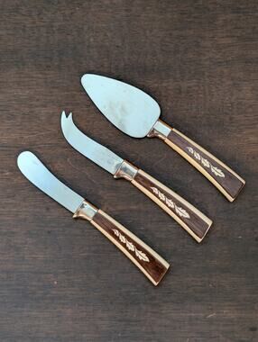 Vintage Regent Sheffield England 3 Piece Cheese Knife Set - Faux Wood - 60s-70s